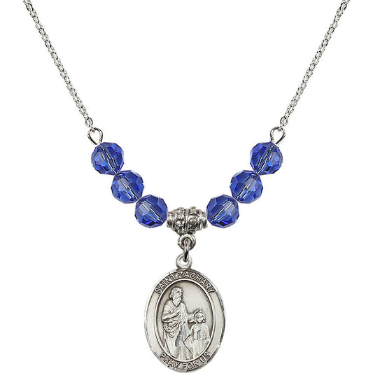 Sterling Silver Saint Zachary Birthstone Necklace with Sapphire Beads - 8116