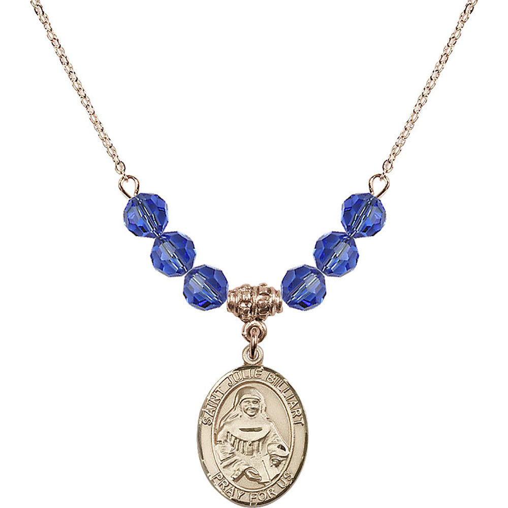 14kt Gold Filled Saint Julie Billiart Birthstone Necklace with Sapphire Beads - 8117