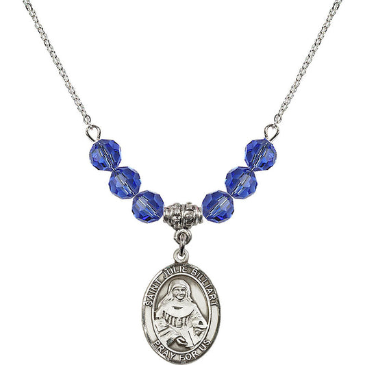 Sterling Silver Saint Julie Billiart Birthstone Necklace with Sapphire Beads - 8117