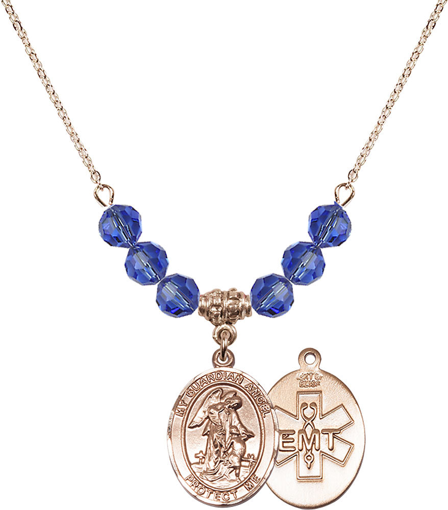 14kt Gold Filled Guardian Angel / EMT Birthstone Necklace with Sapphire Beads - 8118
