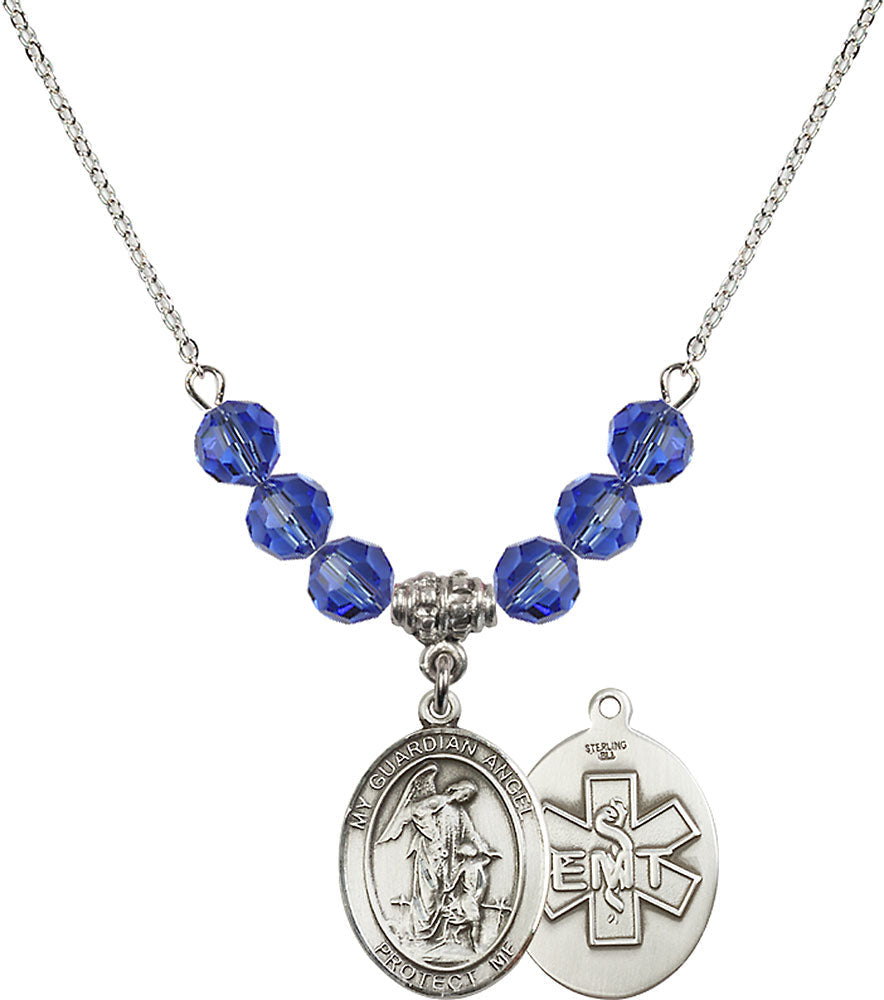 Sterling Silver Guardian Angel / EMT Birthstone Necklace with Sapphire Beads - 8118