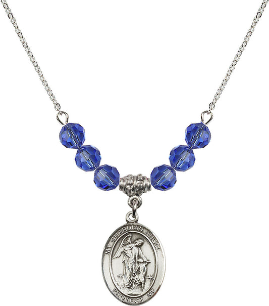 Sterling Silver Guardian Angel w/Child Birthstone Necklace with Sapphire Beads - 8118