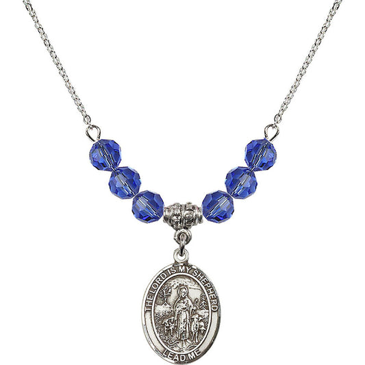 Sterling Silver Lord Is My Shepherd Birthstone Necklace with Sapphire Beads - 8119
