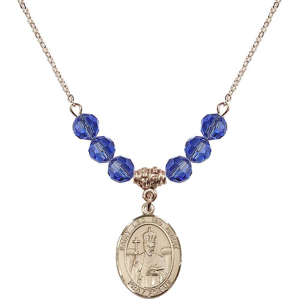14kt Gold Filled Saint Leo the Great Birthstone Necklace with Sapphire Beads - 8120