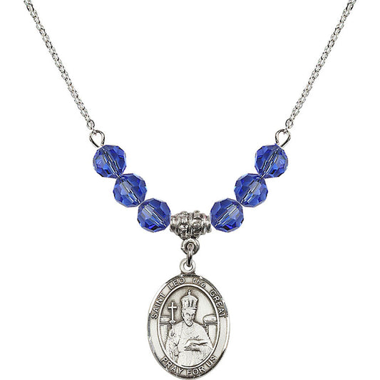 Sterling Silver Saint Leo the Great Birthstone Necklace with Sapphire Beads - 8120