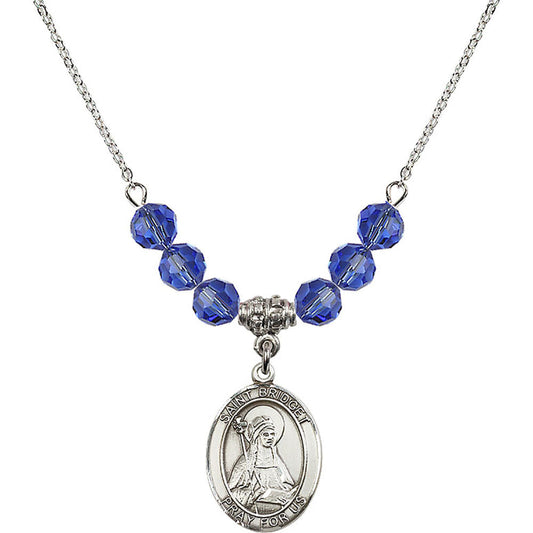 Sterling Silver Saint Bridget of Sweden Birthstone Necklace with Sapphire Beads - 8122