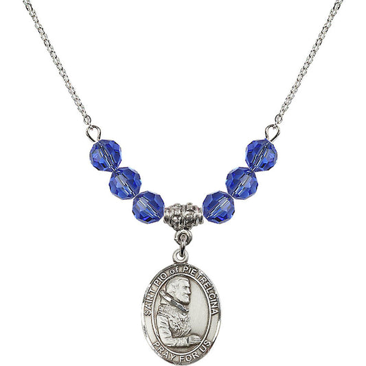 Sterling Silver Saint Pio of Pietrelcina Birthstone Necklace with Sapphire Beads - 8125