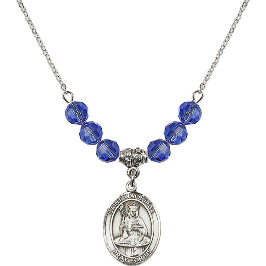 Sterling Silver Saint Walburga Birthstone Necklace with Sapphire Beads - 8126
