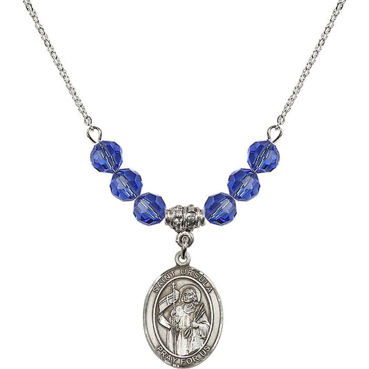 Sterling Silver Saint Ursula Birthstone Necklace with Sapphire Beads - 8127