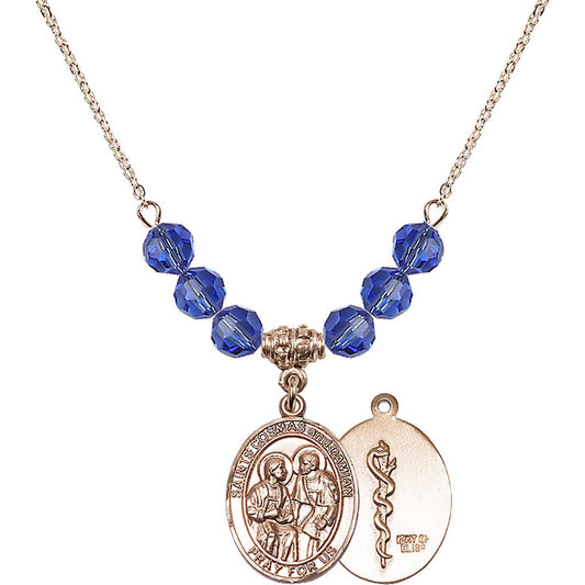 14kt Gold Filled Saints Cosmas & Damian / Doctors Birthstone Necklace with Sapphire Beads - 8132