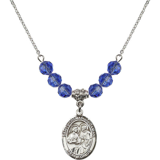 Sterling Silver Saints Cosmas & Damian Birthstone Necklace with Sapphire Beads - 8132