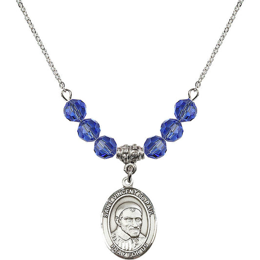 Sterling Silver Saint Vincent De Paul Birthstone Necklace with Sapphire Beads - 8134