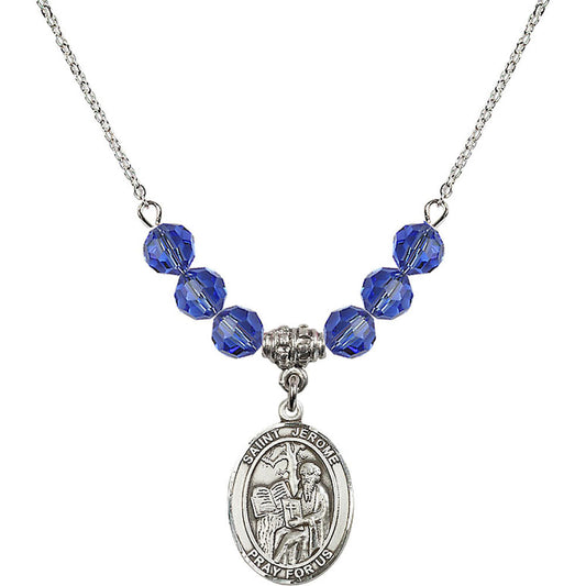 Sterling Silver Saint Jerome Birthstone Necklace with Sapphire Beads - 8135