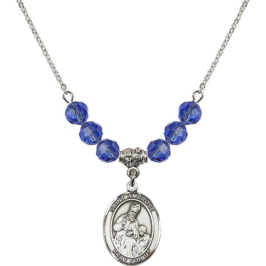 Sterling Silver Saint Ambrose Birthstone Necklace with Sapphire Beads - 8137