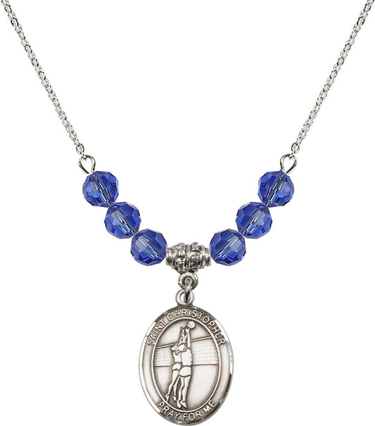Sterling Silver Saint Christopher/Volleyball Birthstone Necklace with Sapphire Beads - 8138