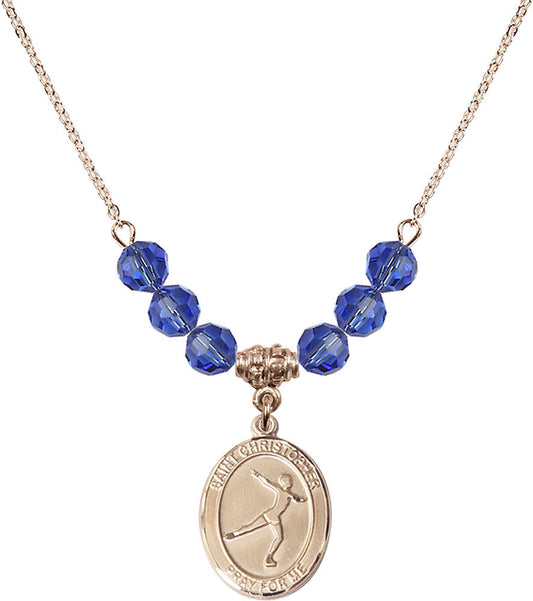 14kt Gold Filled Saint Christopher/Figure Skating Birthstone Necklace with Sapphire Beads - 8139