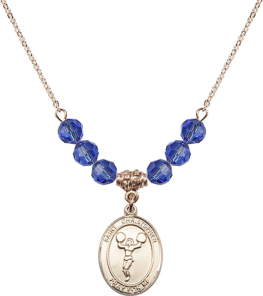 14kt Gold Filled Saint Christopher/Cheerleading Birthstone Necklace with Sapphire Beads - 8140