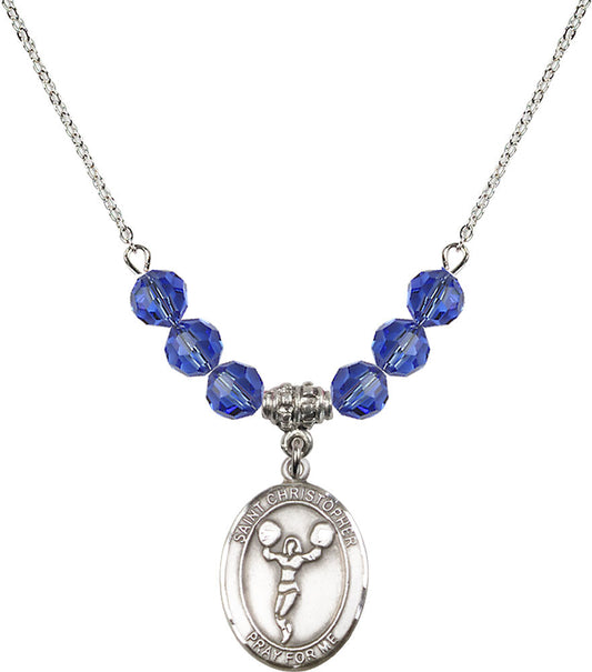 Sterling Silver Saint Christopher/Cheerleading Birthstone Necklace with Sapphire Beads - 8140