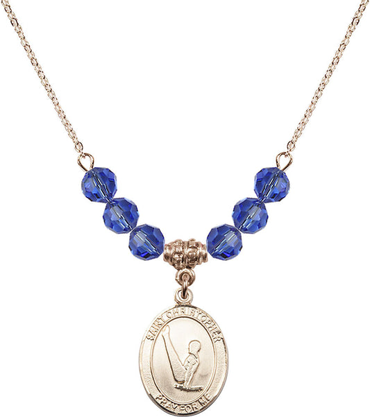 14kt Gold Filled Saint Christopher/Gymnastics Birthstone Necklace with Sapphire Beads - 8142