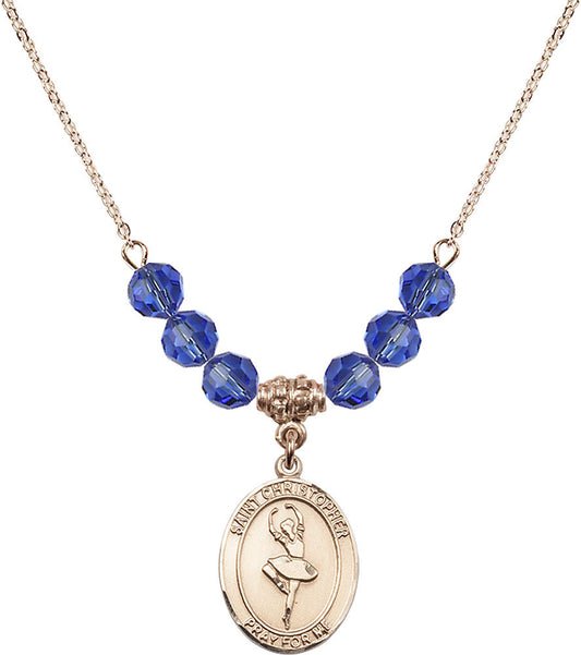 14kt Gold Filled Saint Christopher/Dance Birthstone Necklace with Sapphire Beads - 8143