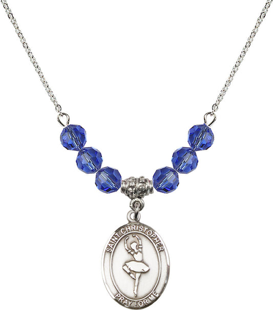 Sterling Silver Saint Christopher/Dance Birthstone Necklace with Sapphire Beads - 8143