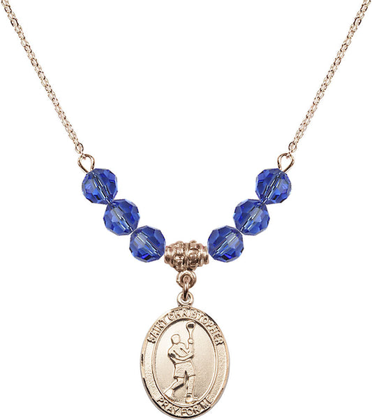 14kt Gold Filled Saint Christopher/Lacrosse Birthstone Necklace with Sapphire Beads - 8144
