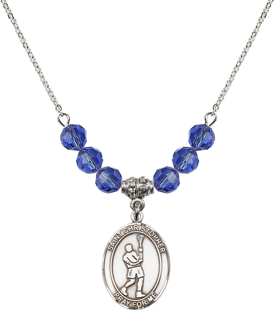 Sterling Silver Saint Christopher/Lacrosse Birthstone Necklace with Sapphire Beads - 8144