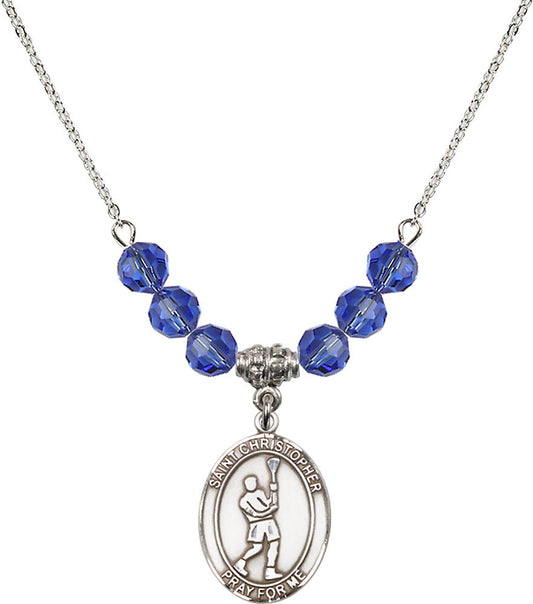 Sterling Silver Saint Christopher/Lacrosse Birthstone Necklace with Sapphire Beads - 8144