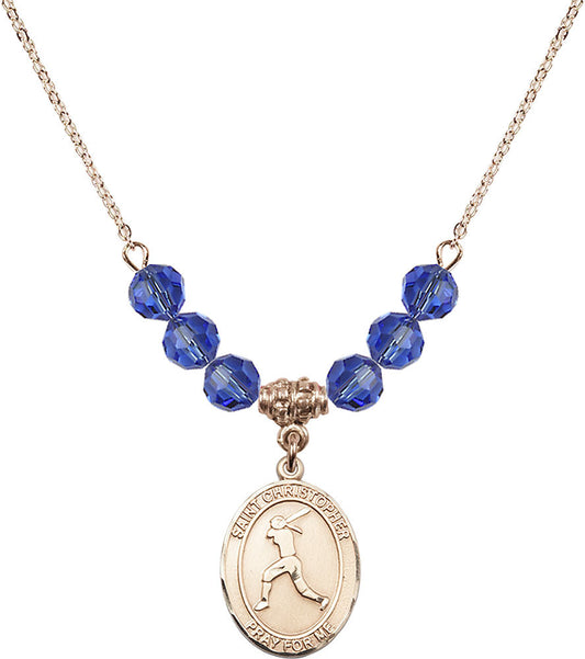 14kt Gold Filled Saint Christopher/Softball Birthstone Necklace with Sapphire Beads - 8145