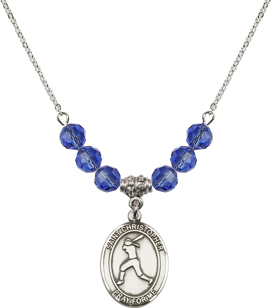 Sterling Silver Saint Christopher/Softball Birthstone Necklace with Sapphire Beads - 8145