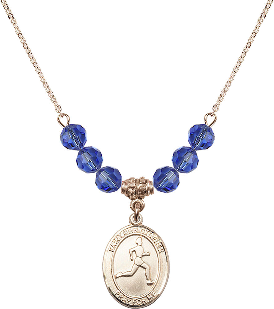 14kt Gold Filled Saint Christopher/Track & Field Birthstone Necklace with Sapphire Beads - 8149