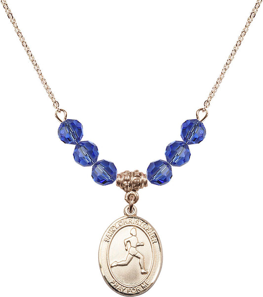 14kt Gold Filled Saint Christopher/Track & Field Birthstone Necklace with Sapphire Beads - 8149