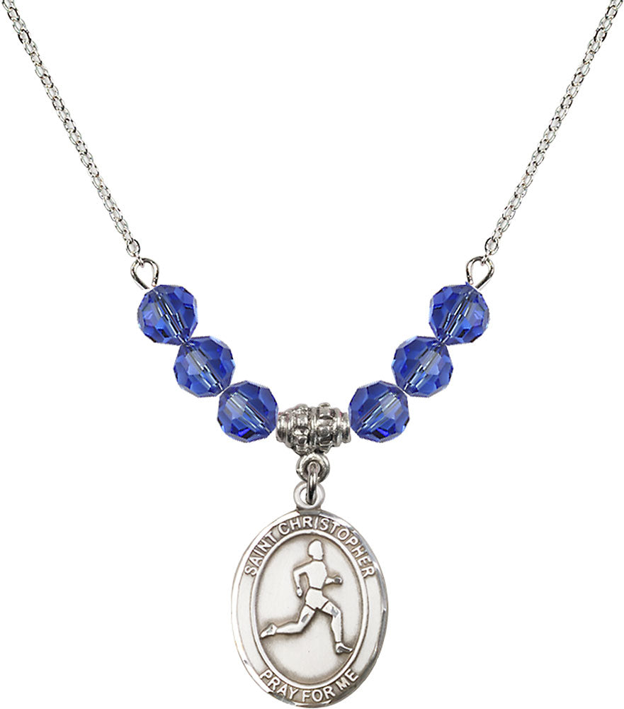 Sterling Silver Saint Christopher/Track & Field Birthstone Necklace with Sapphire Beads - 8149