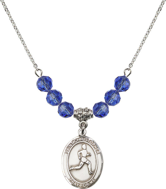 Sterling Silver Saint Christopher/Track & Field Birthstone Necklace with Sapphire Beads - 8149