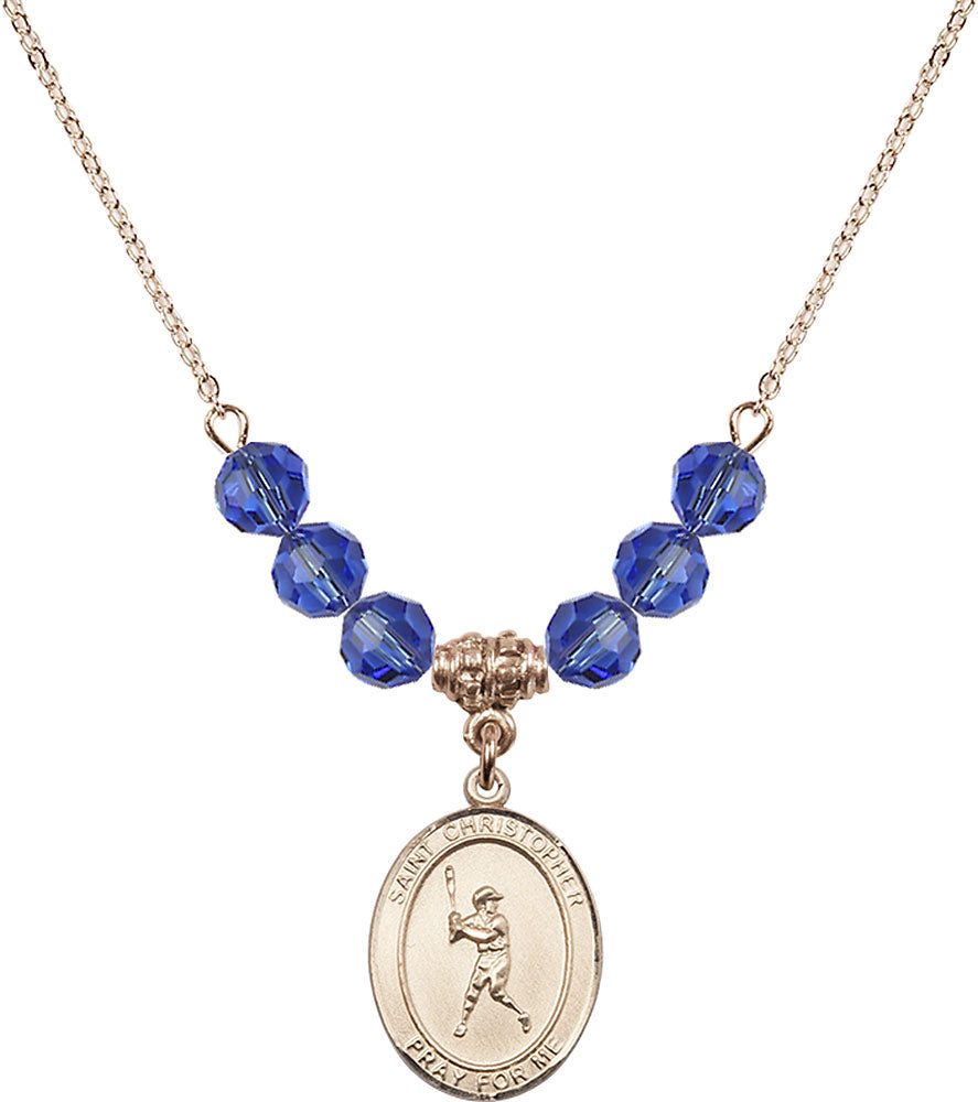 14kt Gold Filled Saint Christopher/Baseball Birthstone Necklace with Sapphire Beads - 8150
