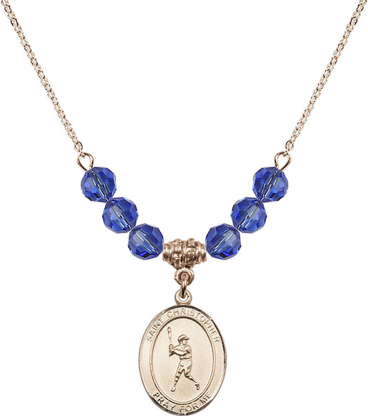 14kt Gold Filled Saint Christopher/Baseball Birthstone Necklace with Sapphire Beads - 8150