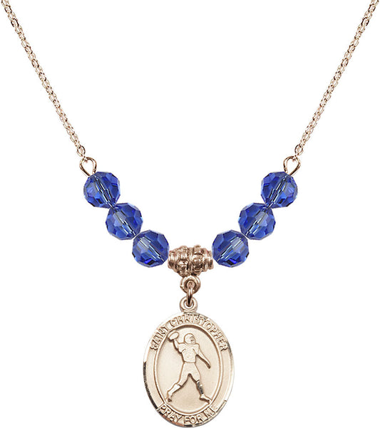 14kt Gold Filled Saint Christopher/Football Birthstone Necklace with Sapphire Beads - 8151