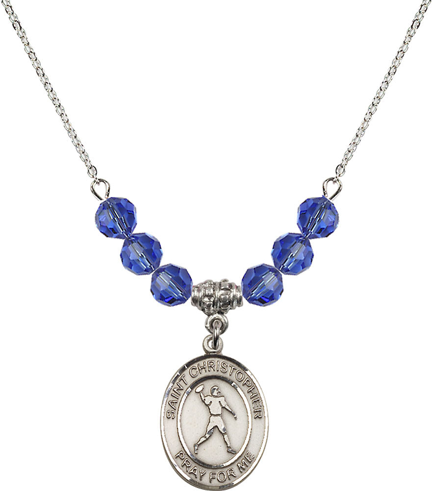 Sterling Silver Saint Christopher/Football Birthstone Necklace with Sapphire Beads - 8151