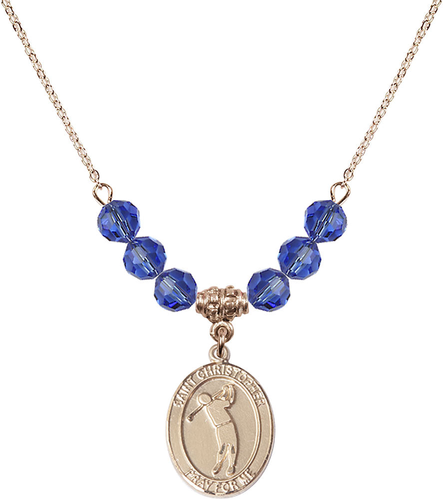 14kt Gold Filled Saint Christopher/Golf Birthstone Necklace with Sapphire Beads - 8152