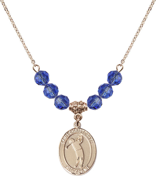 14kt Gold Filled Saint Christopher/Golf Birthstone Necklace with Sapphire Beads - 8152