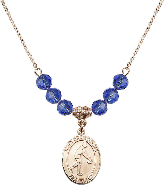 14kt Gold Filled Saint Christopher/Basketball Birthstone Necklace with Sapphire Beads - 8153