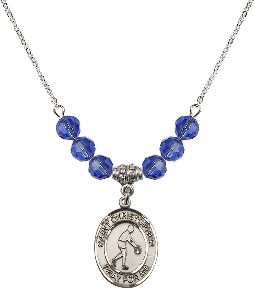 Sterling Silver Saint Christopher/Basketball Birthstone Necklace with Sapphire Beads - 8153
