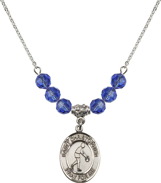 Sterling Silver Saint Christopher/Basketball Birthstone Necklace with Sapphire Beads - 8153