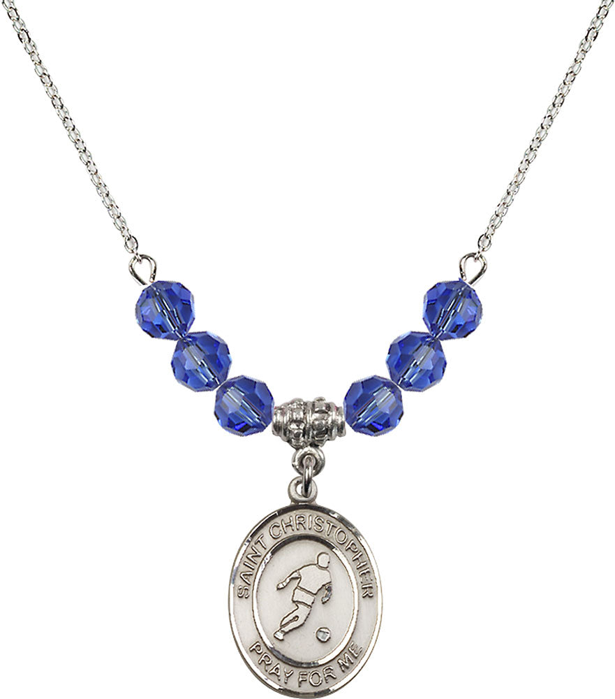Sterling Silver Saint Christopher/Soccer Birthstone Necklace with Sapphire Beads - 8154