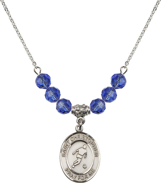 Sterling Silver Saint Christopher/Soccer Birthstone Necklace with Sapphire Beads - 8154