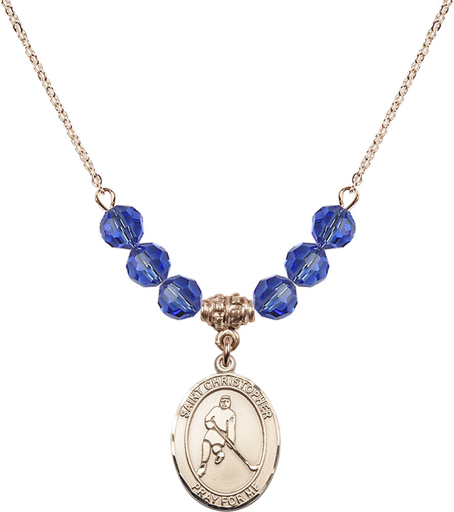 14kt Gold Filled Saint Christopher/Ice Hockey Birthstone Necklace with Sapphire Beads - 8155