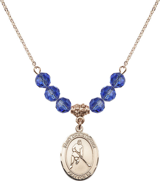 14kt Gold Filled Saint Christopher/Ice Hockey Birthstone Necklace with Sapphire Beads - 8155