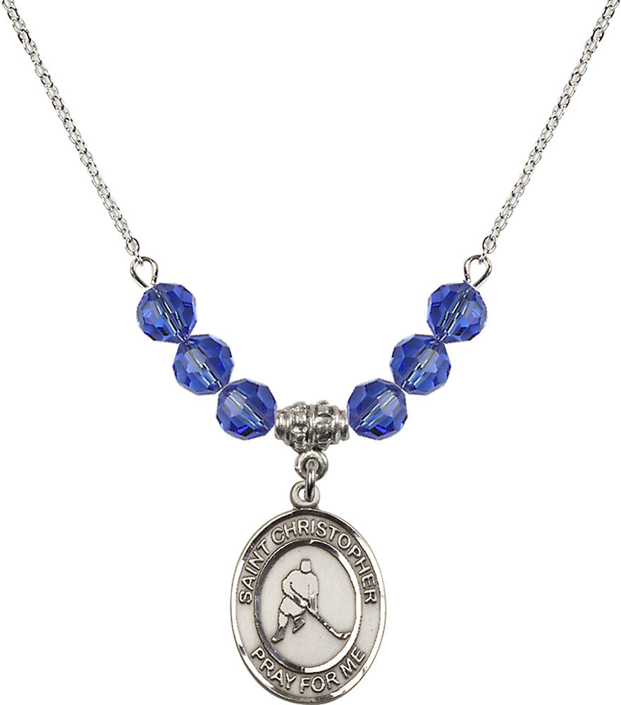 Sterling Silver Saint Christopher/Ice Hockey Birthstone Necklace with Sapphire Beads - 8155