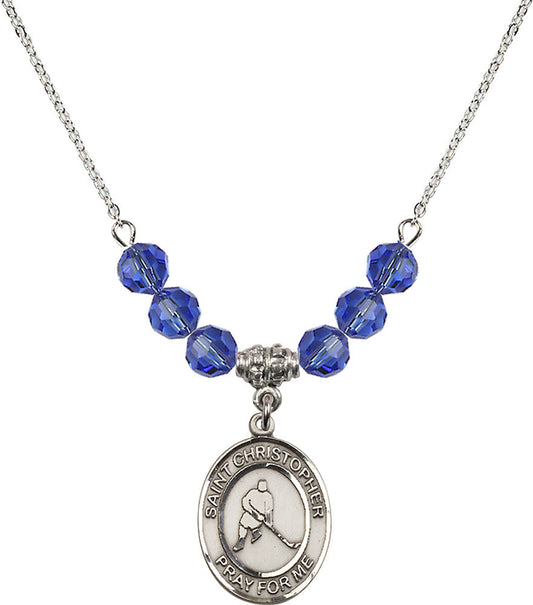 Sterling Silver Saint Christopher/Ice Hockey Birthstone Necklace with Sapphire Beads - 8155