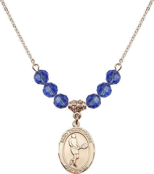 14kt Gold Filled Saint Christopher/Tennis Birthstone Necklace with Sapphire Beads - 8156
